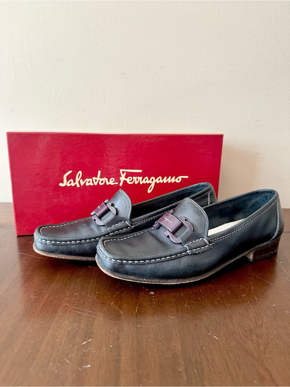 Vintage Salvatore Ferragamo Black Calf Leather Bit Loafer, Sz 6.5 with Box